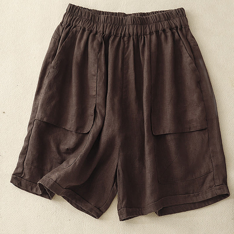 Pantalones cortos rectos elásticos de algodón y lino para mujer, informales, de verano, con bolsillos, de Buddha Stones