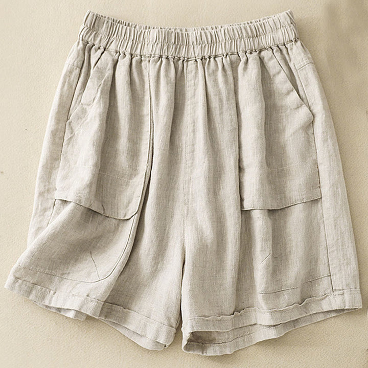 Pantalones cortos rectos elásticos de algodón y lino para mujer, informales, de verano, con bolsillos, de Buddha Stones