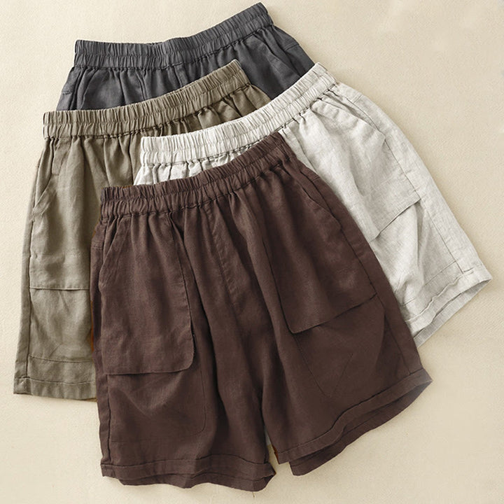 Pantalones cortos rectos elásticos de algodón y lino para mujer, informales, de verano, con bolsillos, de Buddha Stones