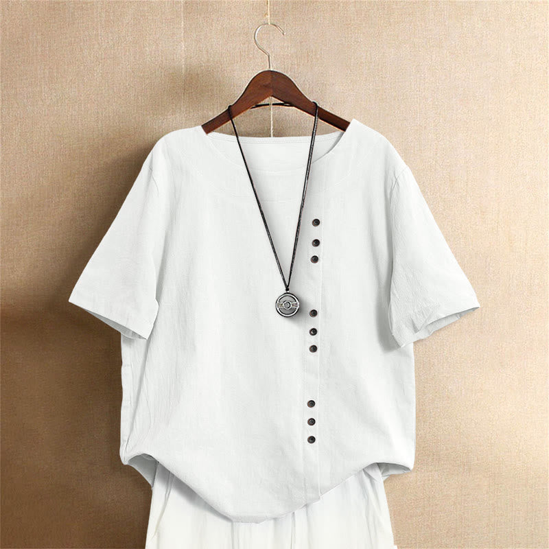 Camiseta de manga corta de algodón con cuello redondo y botones de jacquard de color puro para mujer, estilo casual de verano con Buddha Stones - Blanco - US18, UK/AU22, EU50 (5XL) - image 0