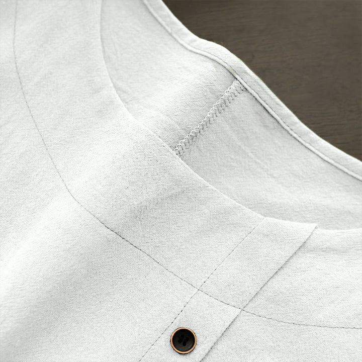 Camiseta de manga corta de algodón con cuello redondo y botones de jacquard de color puro para mujer, estilo casual de verano con Buddha Stones - image 2