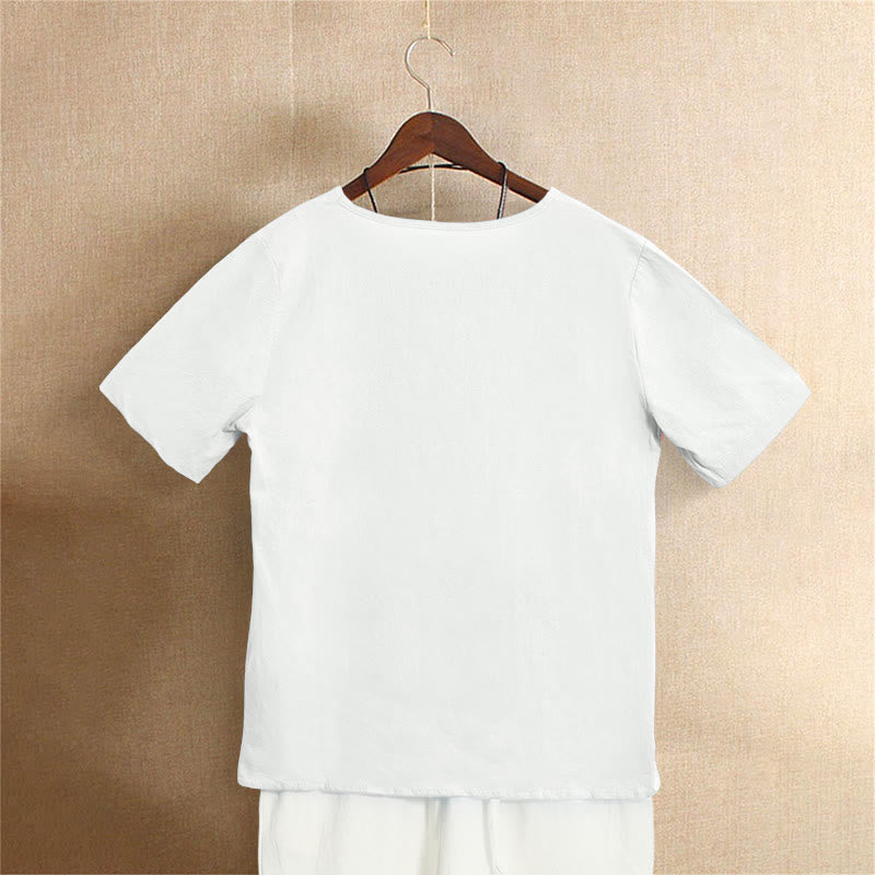 Camiseta de manga corta de algodón con cuello redondo y botones de jacquard de color puro para mujer, estilo casual de verano con Buddha Stones - image 1