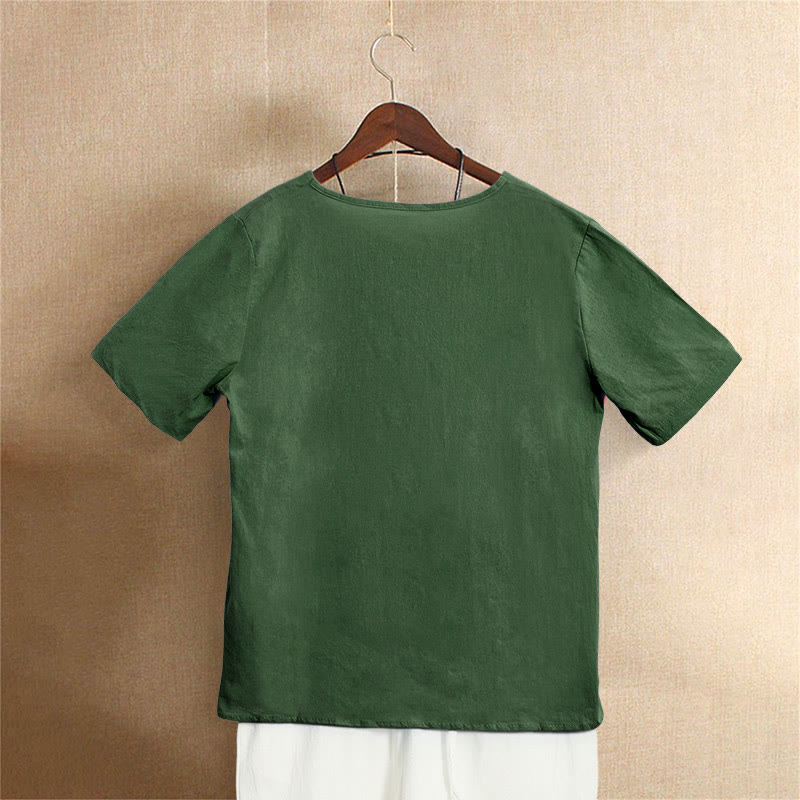 Camiseta de manga corta de algodón con cuello redondo y botones de jacquard de color puro para mujer, estilo casual de verano con Buddha Stones - image 6