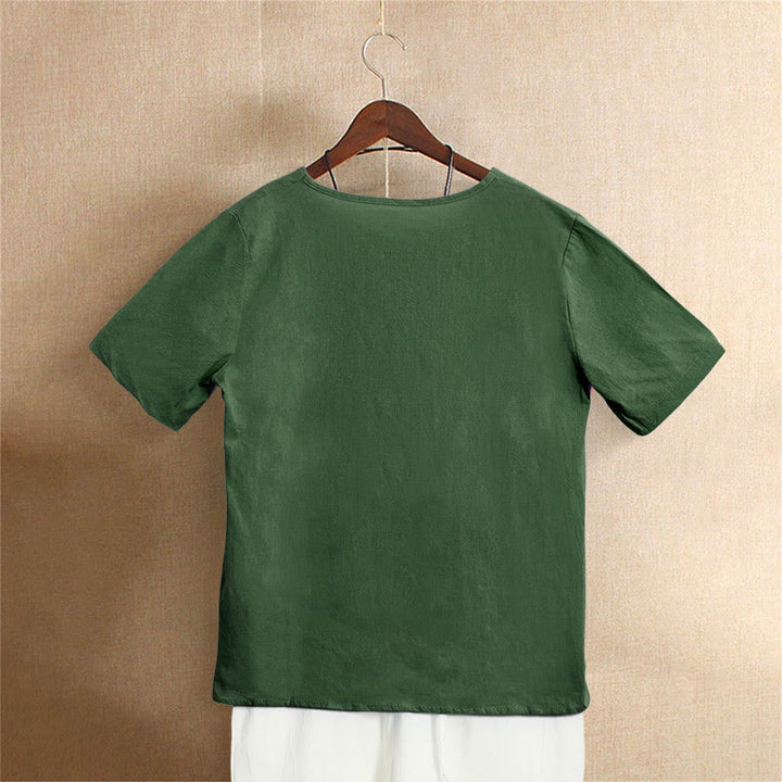 Camiseta de manga corta de algodón con cuello redondo y botones de jacquard de color puro para mujer, estilo casual de verano con Buddha Stones - image 6