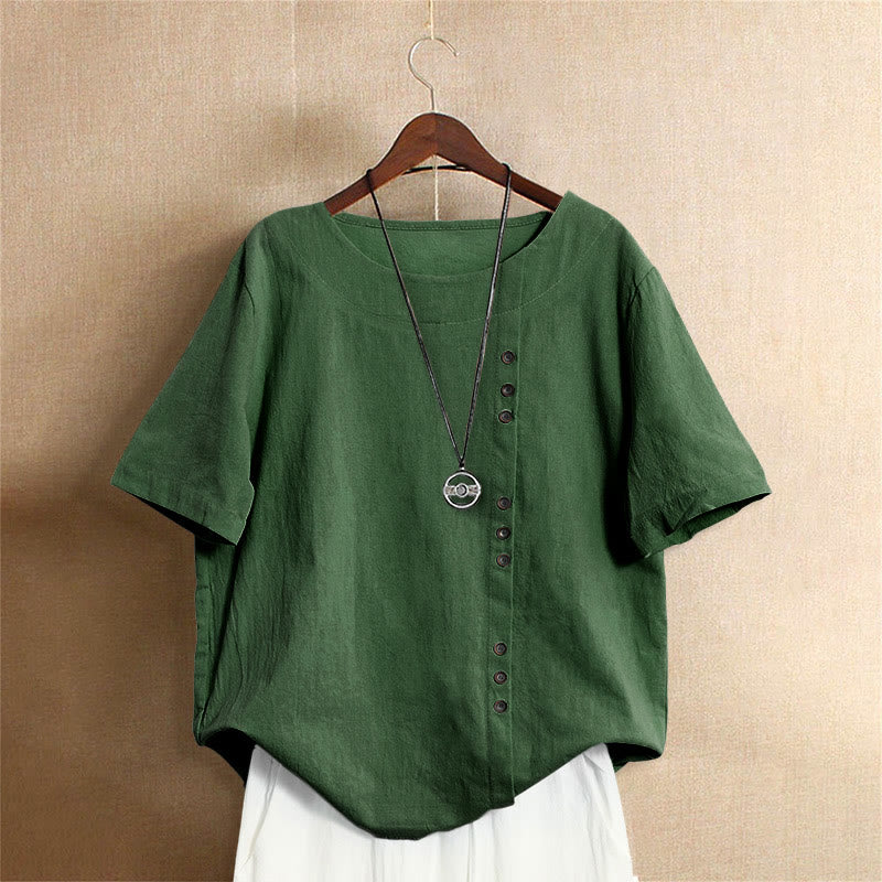Camiseta de manga corta de algodón con cuello redondo y botones de jacquard de color puro para mujer, estilo casual de verano con Buddha Stones - Verde - US18, UK/AU22, EU50 (5XL) - image 5