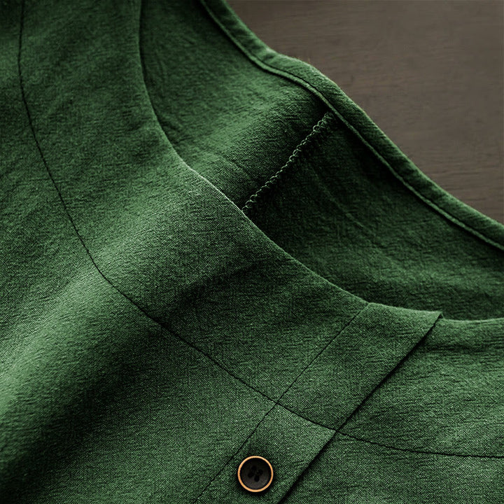 Camiseta de manga corta de algodón con cuello redondo y botones de jacquard de color puro para mujer, estilo casual de verano con Buddha Stones - image 7