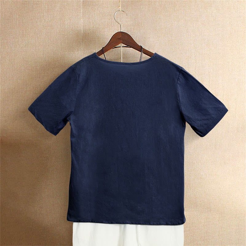 Camiseta de manga corta de algodón con cuello redondo y botones de jacquard de color puro para mujer, estilo casual de verano con Buddha Stones - image 11