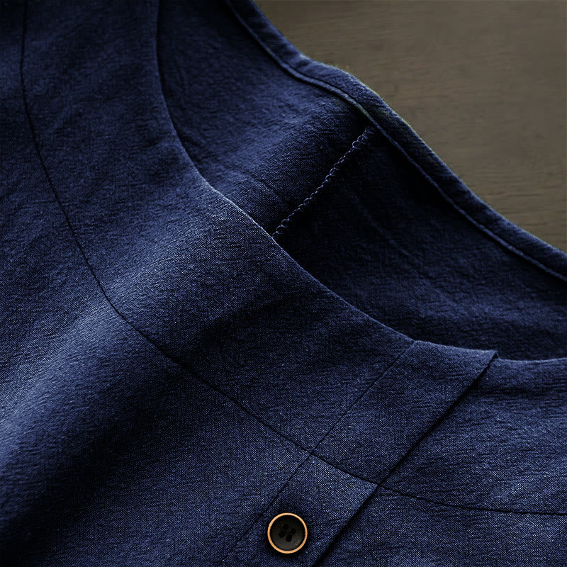 Camiseta de manga corta de algodón con cuello redondo y botones de jacquard de color puro para mujer, estilo casual de verano con Buddha Stones - image 12