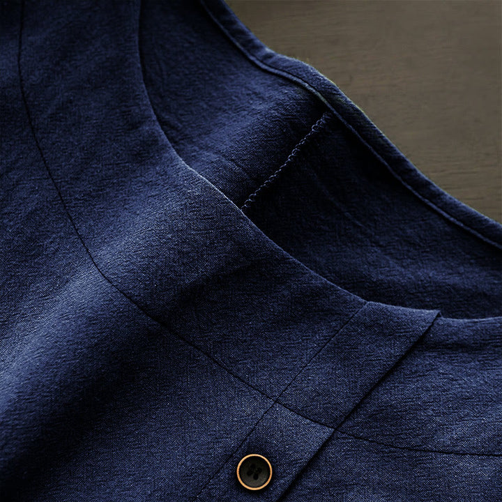 Camiseta de manga corta de algodón con cuello redondo y botones de jacquard de color puro para mujer, estilo casual de verano con Buddha Stones - image 12