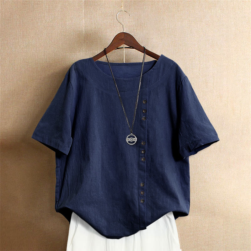 Camiseta de manga corta de algodón con cuello redondo y botones de jacquard de color puro para mujer, estilo casual de verano con Buddha Stones - Marina de guerra - US18, UK/AU22, EU50 (5XL) - image 10
