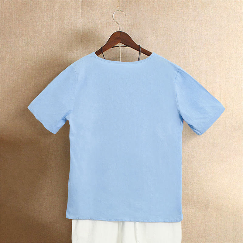 Camiseta de manga corta de algodón con cuello redondo y botones de jacquard de color puro para mujer, estilo casual de verano con Buddha Stones - image 16
