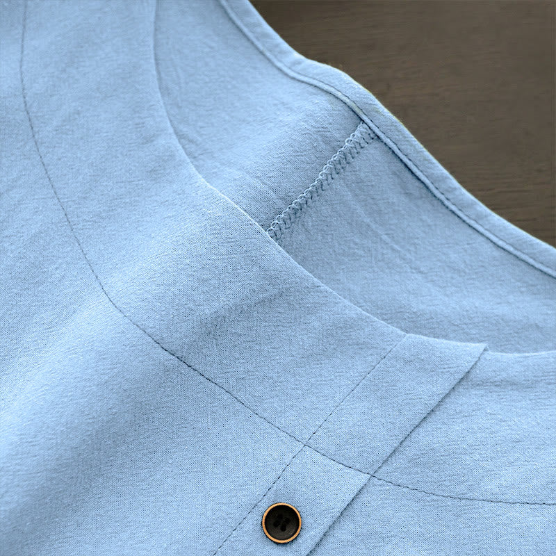 Camiseta de manga corta de algodón con cuello redondo y botones de jacquard de color puro para mujer, estilo casual de verano con Buddha Stones - image 17