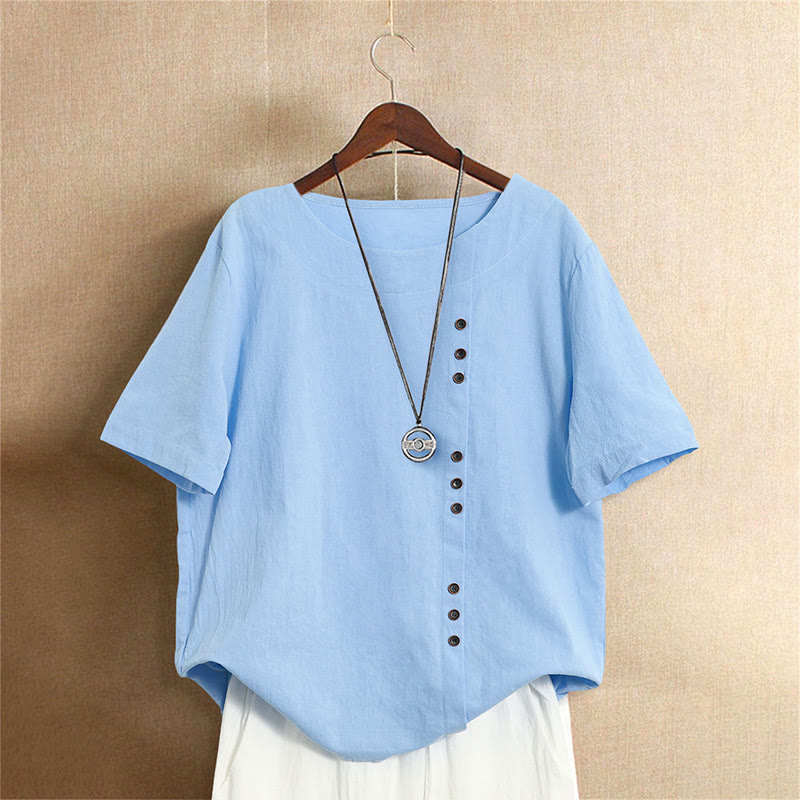 Camiseta de manga corta de algodón con cuello redondo y botones de jacquard de color puro para mujer, estilo casual de verano con Buddha Stones - Azul cielo claro - US18, UK/AU22, EU50 (5XL) - image 15