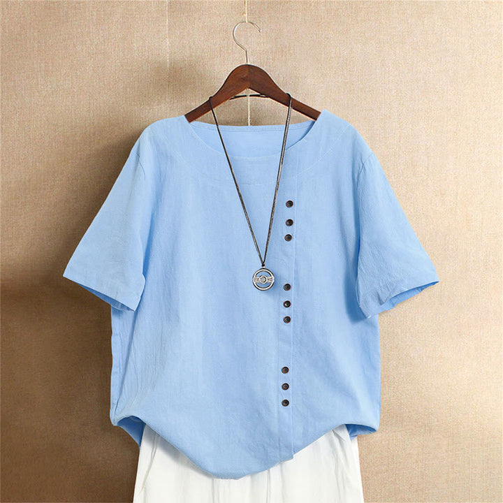 Camiseta de manga corta de algodón con cuello redondo y botones de jacquard de color puro para mujer, estilo casual de verano con Buddha Stones - Azul cielo claro - US18, UK/AU22, EU50 (5XL) - image 15