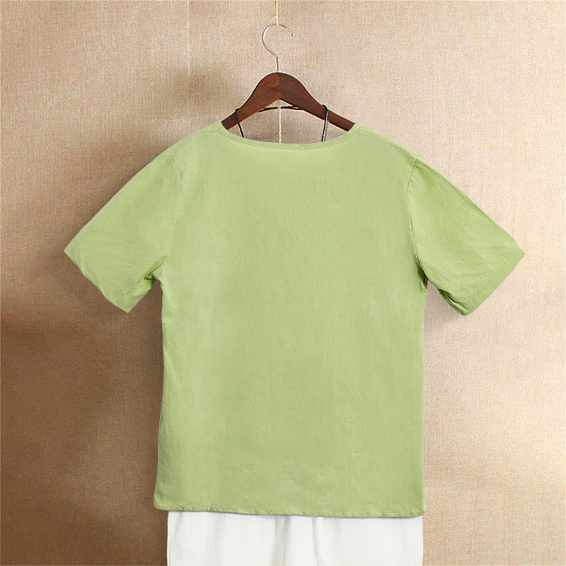 Camiseta de manga corta de algodón con cuello redondo y botones de jacquard de color puro para mujer, estilo casual de verano con Buddha Stones - image 21