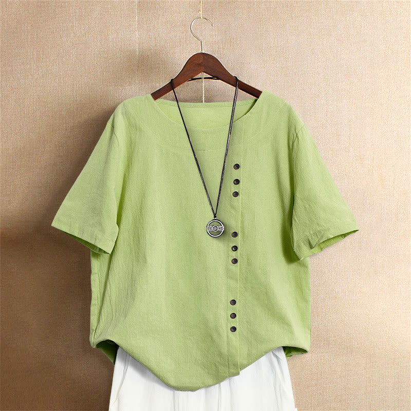 Camiseta de manga corta de algodón con cuello redondo y botones de jacquard de color puro para mujer, estilo casual de verano con Buddha Stones - Verde claro - US18, UK/AU22, EU50 (5XL) - image 20