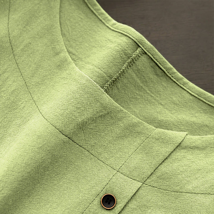 Camiseta de manga corta de algodón con cuello redondo y botones de jacquard de color puro para mujer, estilo casual de verano con Buddha Stones - image 22