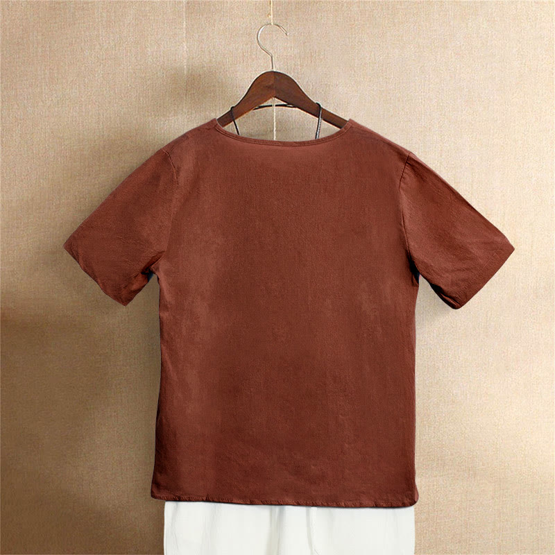 Camiseta de manga corta de algodón con cuello redondo y botones de jacquard de color puro para mujer, estilo casual de verano con Buddha Stones - image 26