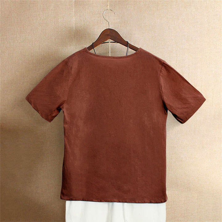 Camiseta de manga corta de algodón con cuello redondo y botones de jacquard de color puro para mujer, estilo casual de verano con Buddha Stones - image 26