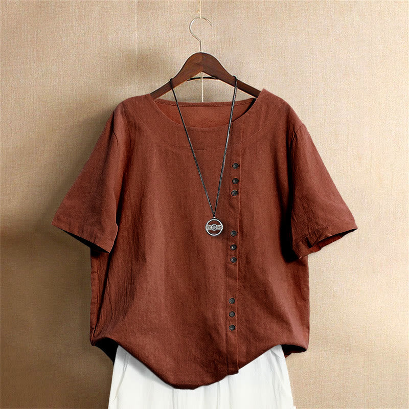 Camiseta de manga corta de algodón con cuello redondo y botones de jacquard de color puro para mujer, estilo casual de verano con Buddha Stones - Tierra de siena - US18, UK/AU22, EU50 (5XL) - image 25