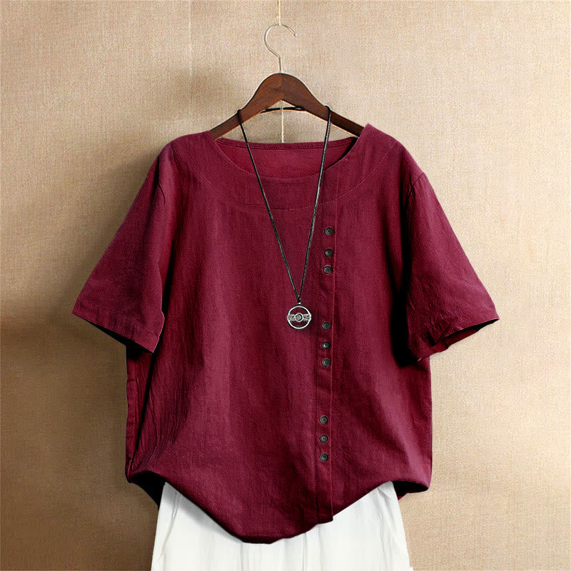 Camiseta de manga corta de algodón con cuello redondo y botones de jacquard de color puro para mujer, estilo casual de verano con Buddha Stones - Ladrillo refractario - US18, UK/AU22, EU50 (5XL) - image 30