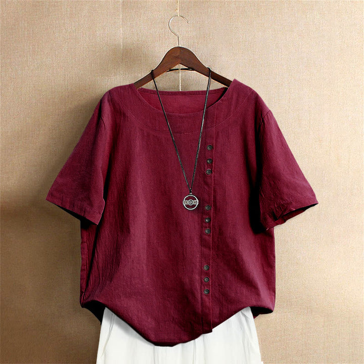 Camiseta de manga corta de algodón con cuello redondo y botones de jacquard de color puro para mujer, estilo casual de verano con Buddha Stones - Ladrillo refractario - US18, UK/AU22, EU50 (5XL) - image 30