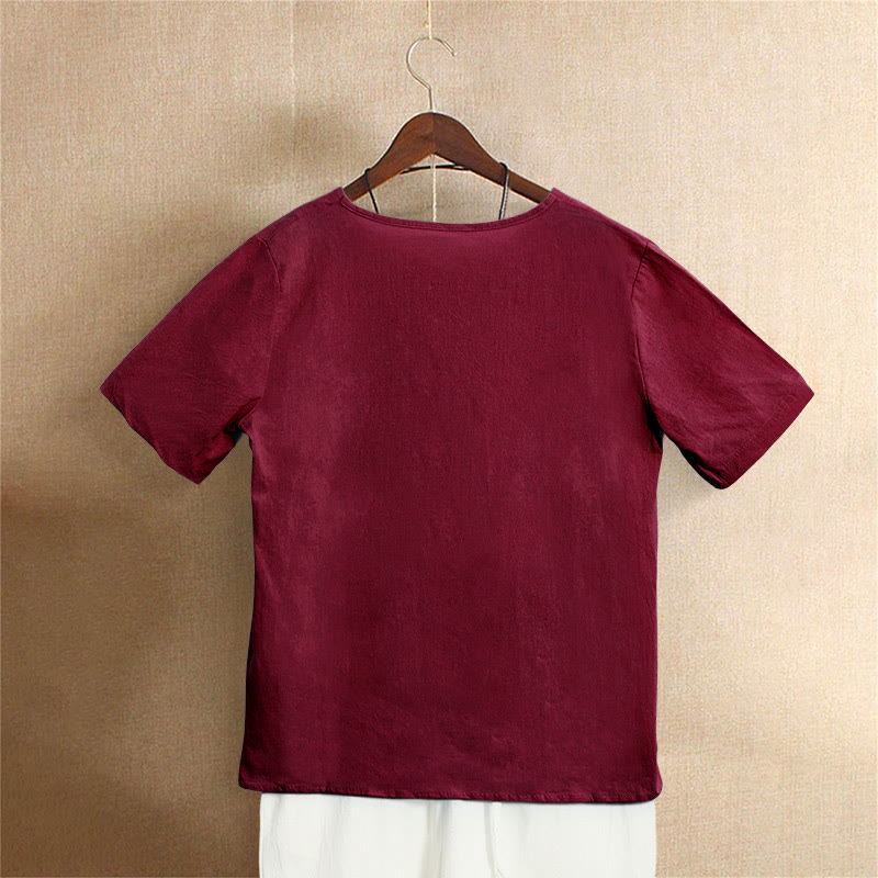 Camiseta de manga corta de algodón con cuello redondo y botones de jacquard de color puro para mujer, estilo casual de verano con Buddha Stones - image 31