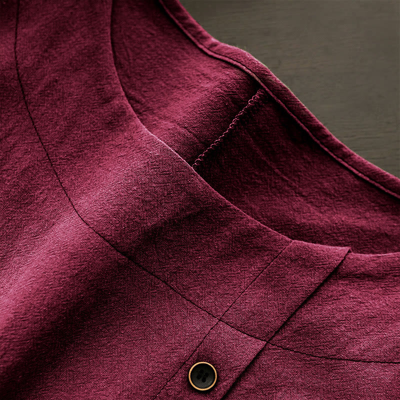 Camiseta de manga corta de algodón con cuello redondo y botones de jacquard de color puro para mujer, estilo casual de verano con Buddha Stones - image 32
