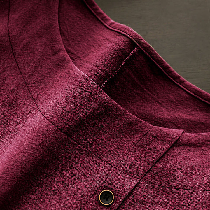 Camiseta de manga corta de algodón con cuello redondo y botones de jacquard de color puro para mujer, estilo casual de verano con Buddha Stones - image 32