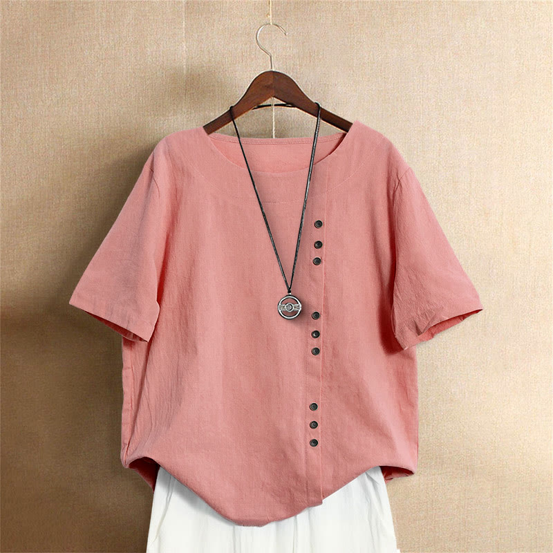 Camiseta de manga corta de algodón con cuello redondo y botones de jacquard de color puro para mujer, estilo casual de verano con Buddha Stones - Salmón - US18, UK/AU22, EU50 (5XL) - image 35