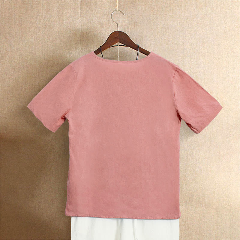 Camiseta de manga corta de algodón con cuello redondo y botones de jacquard de color puro para mujer, estilo casual de verano con Buddha Stones - image 36