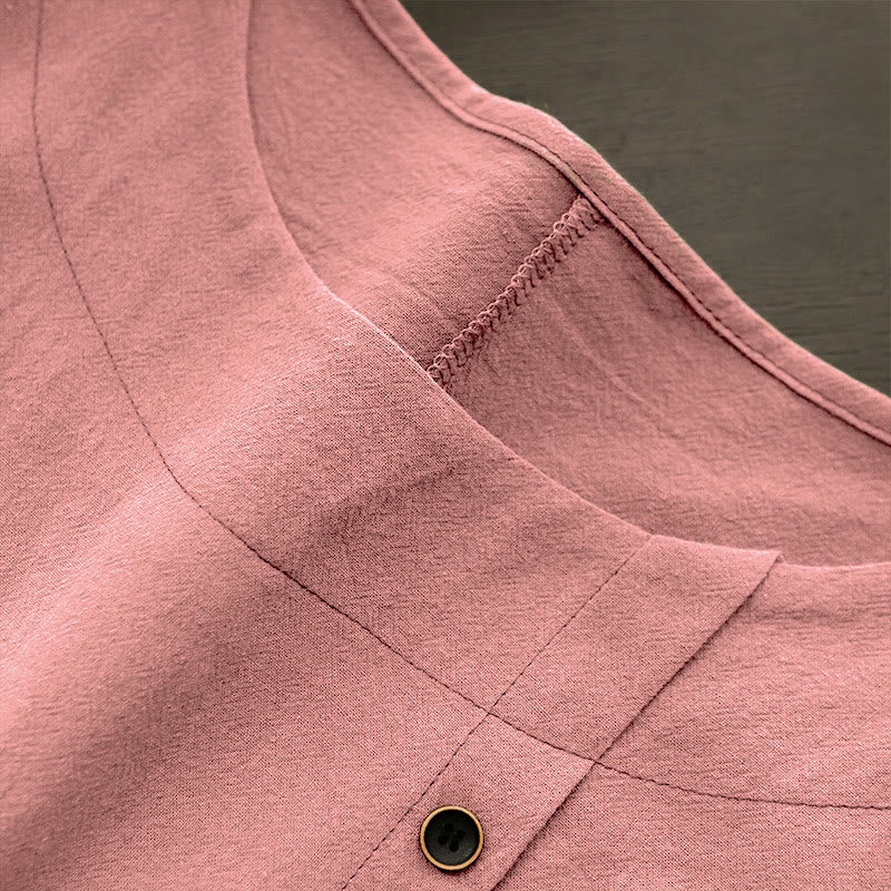 Camiseta de manga corta de algodón con cuello redondo y botones de jacquard de color puro para mujer, estilo casual de verano con Buddha Stones - image 37