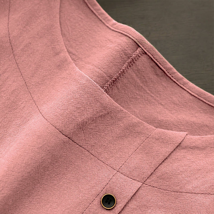 Camiseta de manga corta de algodón con cuello redondo y botones de jacquard de color puro para mujer, estilo casual de verano con Buddha Stones - image 37