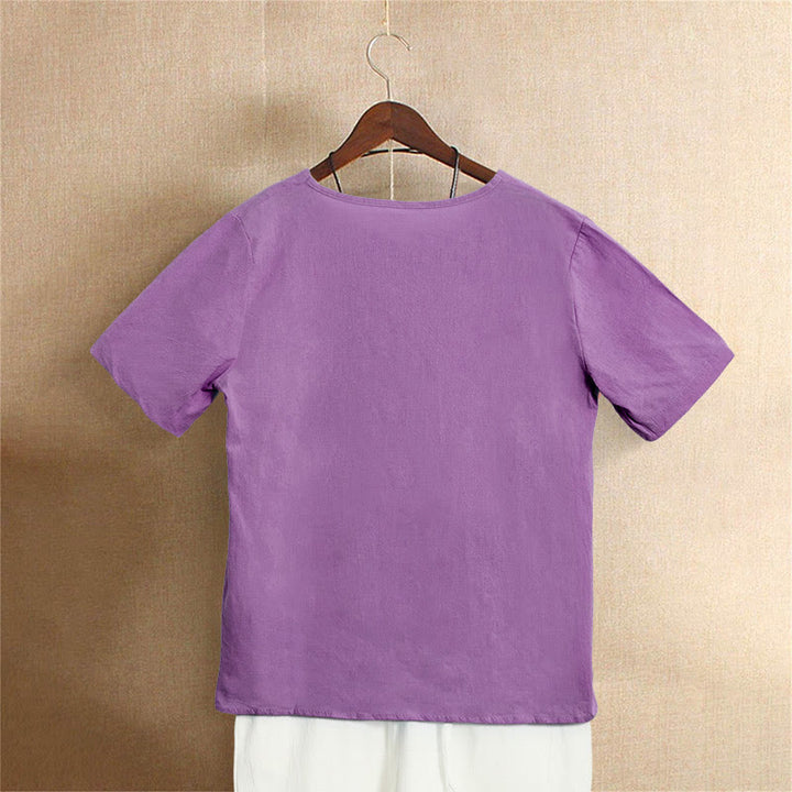 Camiseta de manga corta de algodón con cuello redondo y botones de jacquard de color puro para mujer, estilo casual de verano con Buddha Stones - image 41
