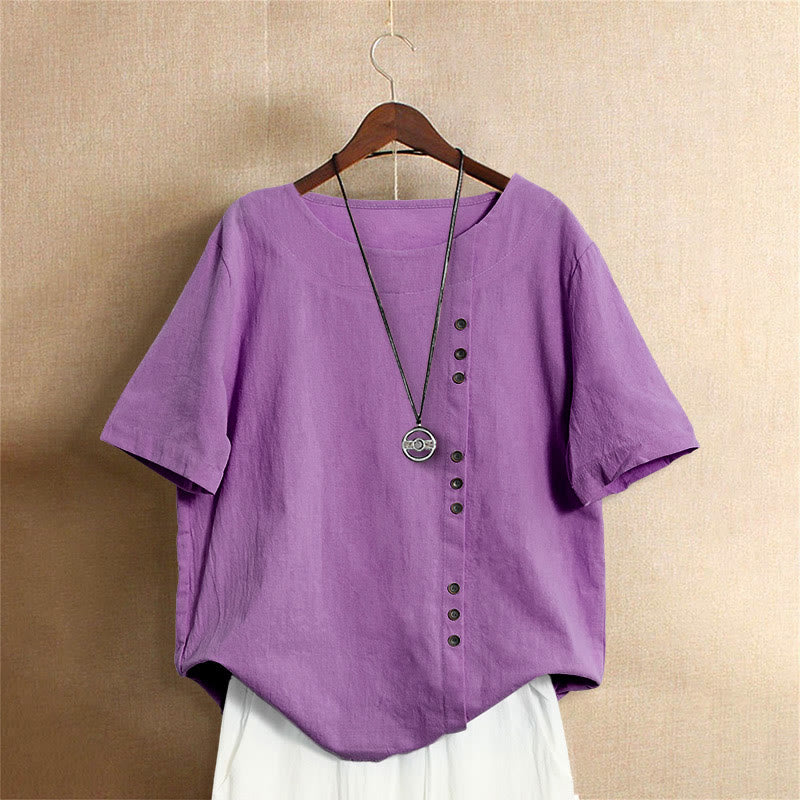 Camiseta de manga corta de algodón con cuello redondo y botones de jacquard de color puro para mujer, estilo casual de verano con Buddha Stones - Orquídea mediana - US18, UK/AU22, EU50 (5XL) - image 40