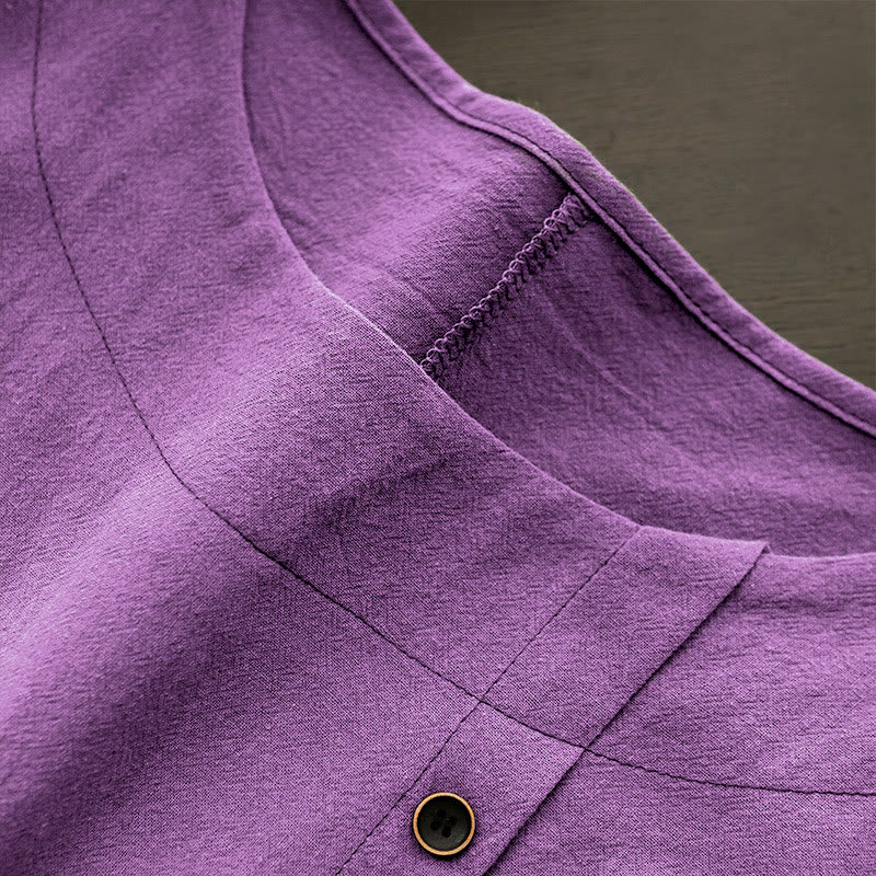 Camiseta de manga corta de algodón con cuello redondo y botones de jacquard de color puro para mujer, estilo casual de verano con Buddha Stones - image 42