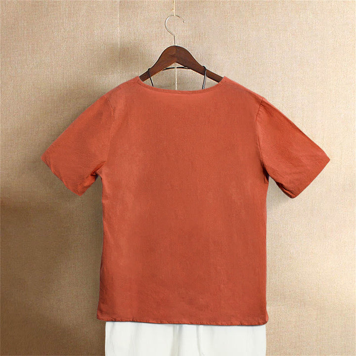 Camiseta de manga corta de algodón con cuello redondo y botones de jacquard de color puro para mujer, estilo casual de verano con Buddha Stones - image 46