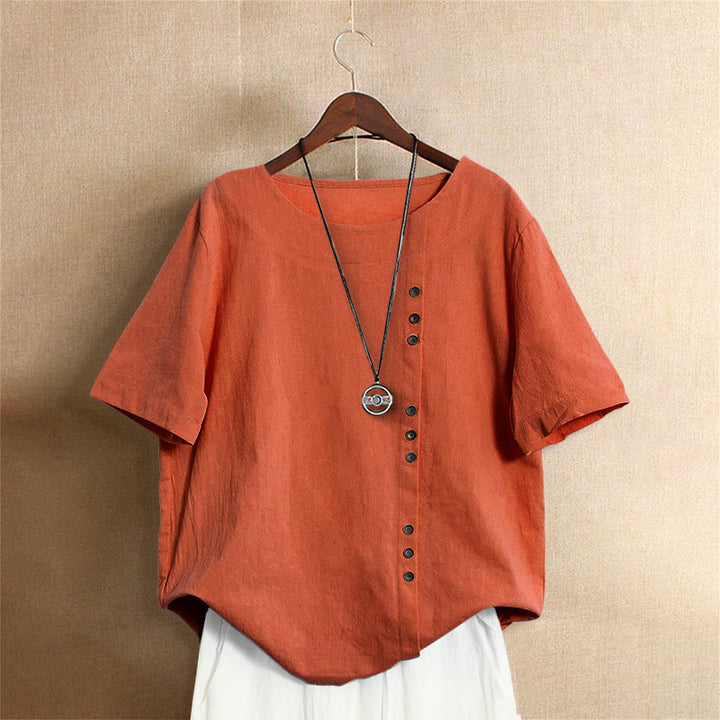 Camiseta de manga corta de algodón con cuello redondo y botones de jacquard de color puro para mujer, estilo casual de verano con Buddha Stones - Rojo anaranjado - US18, UK/AU22, EU50 (5XL) - image 45