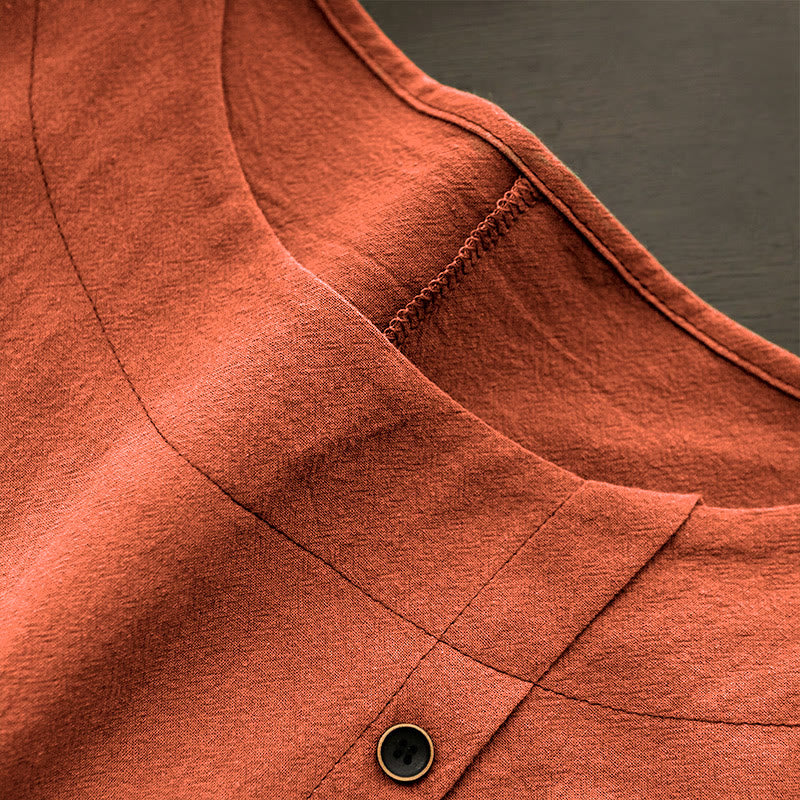Camiseta de manga corta de algodón con cuello redondo y botones de jacquard de color puro para mujer, estilo casual de verano con Buddha Stones - image 47