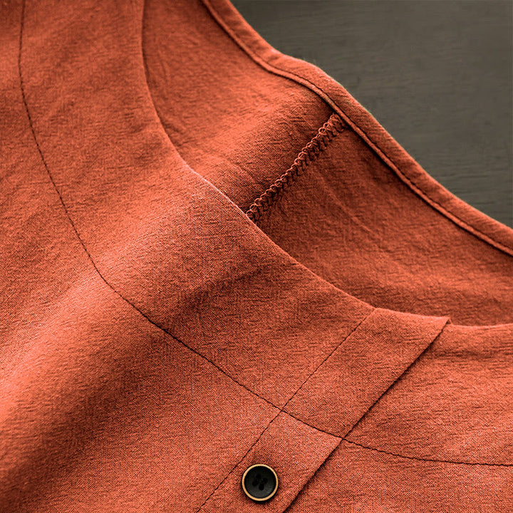 Camiseta de manga corta de algodón con cuello redondo y botones de jacquard de color puro para mujer, estilo casual de verano con Buddha Stones - image 47