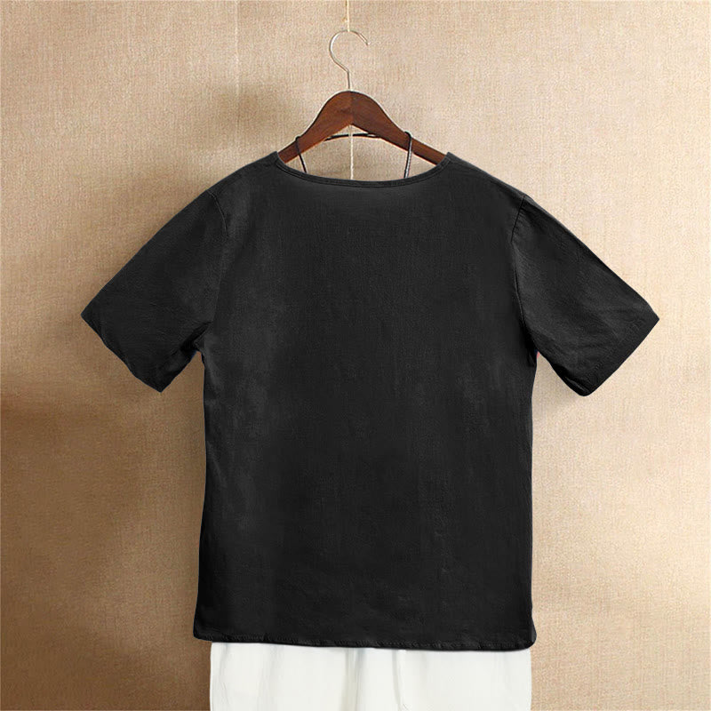 Camiseta de manga corta de algodón con cuello redondo y botones de jacquard de color puro para mujer, estilo casual de verano con Buddha Stones - image 51