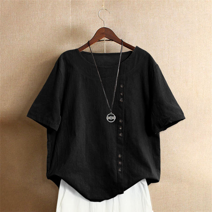 Camiseta de manga corta de algodón con cuello redondo y botones de jacquard de color puro para mujer, estilo casual de verano con Buddha Stones - Negro - US18, UK/AU22, EU50 (5XL) - image 50