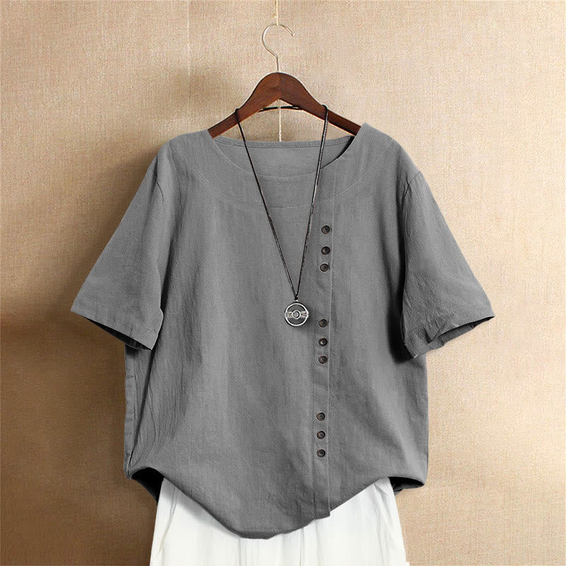 Camiseta de manga corta de algodón con cuello redondo y botones de jacquard de color puro para mujer, estilo casual de verano con Buddha Stones - Gris - US18, UK/AU22, EU50 (5XL) - image 55