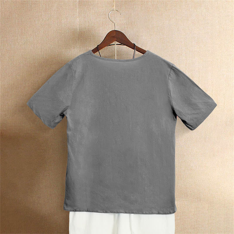 Camiseta de manga corta de algodón con cuello redondo y botones de jacquard de color puro para mujer, estilo casual de verano con Buddha Stones - image 56