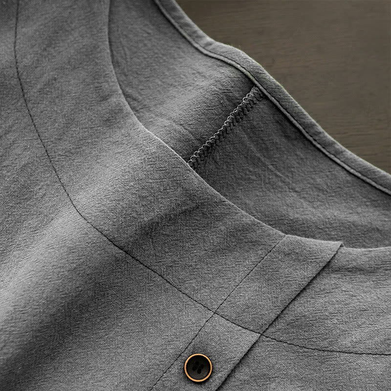Camiseta de manga corta de algodón con cuello redondo y botones de jacquard de color puro para mujer, estilo casual de verano con Buddha Stones - image 57