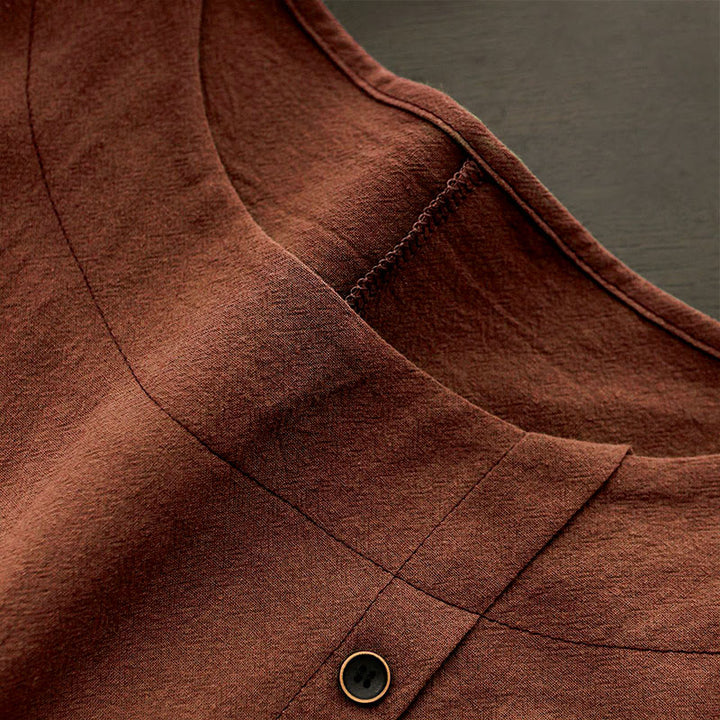 Camiseta de manga corta de algodón con cuello redondo y botones de jacquard de color puro para mujer, estilo casual de verano con Buddha Stones - image 27