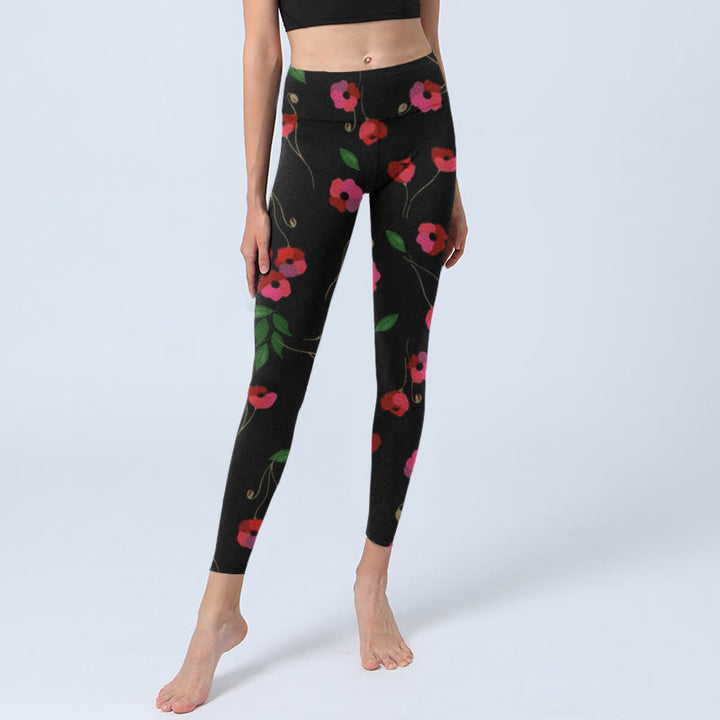 Leggings de yoga para mujer con estampado de hojas verdes y flores rojas vibrantes de Buddha Stones - image 6
