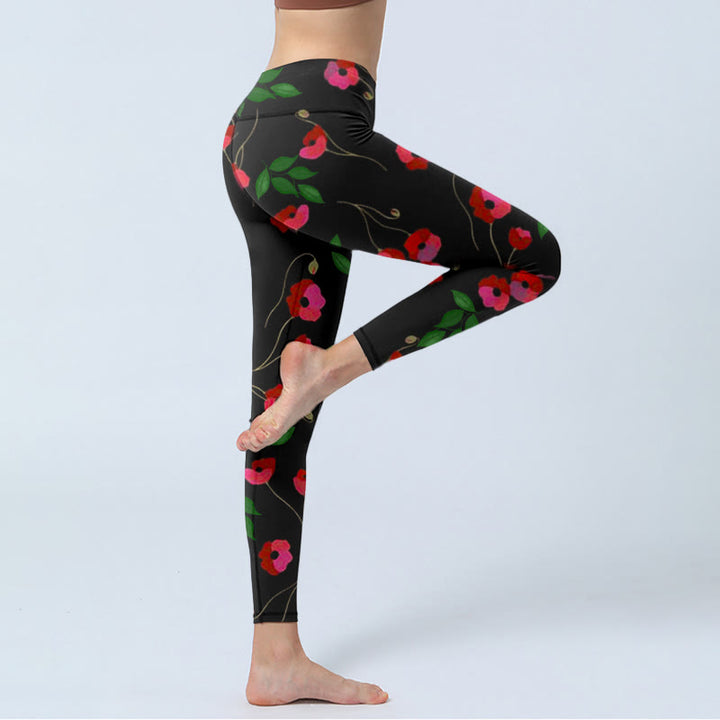 Leggings de yoga para mujer con estampado de hojas verdes y flores rojas vibrantes de Buddha Stones - image 4