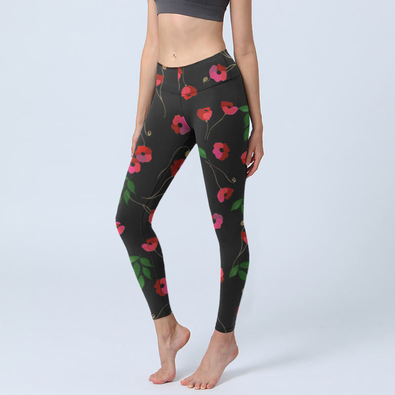 Leggings de yoga para mujer con estampado de hojas verdes y flores rojas vibrantes de Buddha Stones - Negro - US18，UK/AU22，EU50 (4XL) - image 1