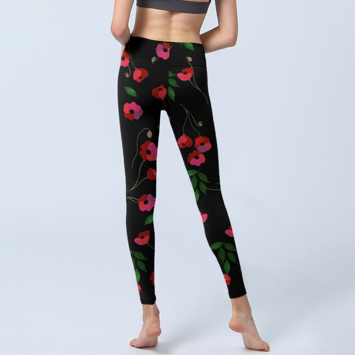 Leggings de yoga para mujer con estampado de hojas verdes y flores rojas vibrantes de Buddha Stones - image 7